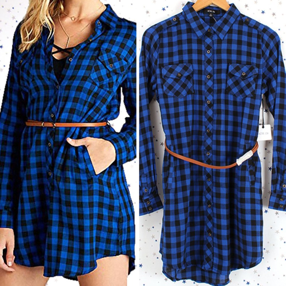 Plaid Shirt Dress with Belt Royal Black